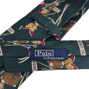 Polo Ralph Lauren Mens Vtg 1992 Ski Lodge Hunter Green Silk 3 5/8" (W) x 57" (L)